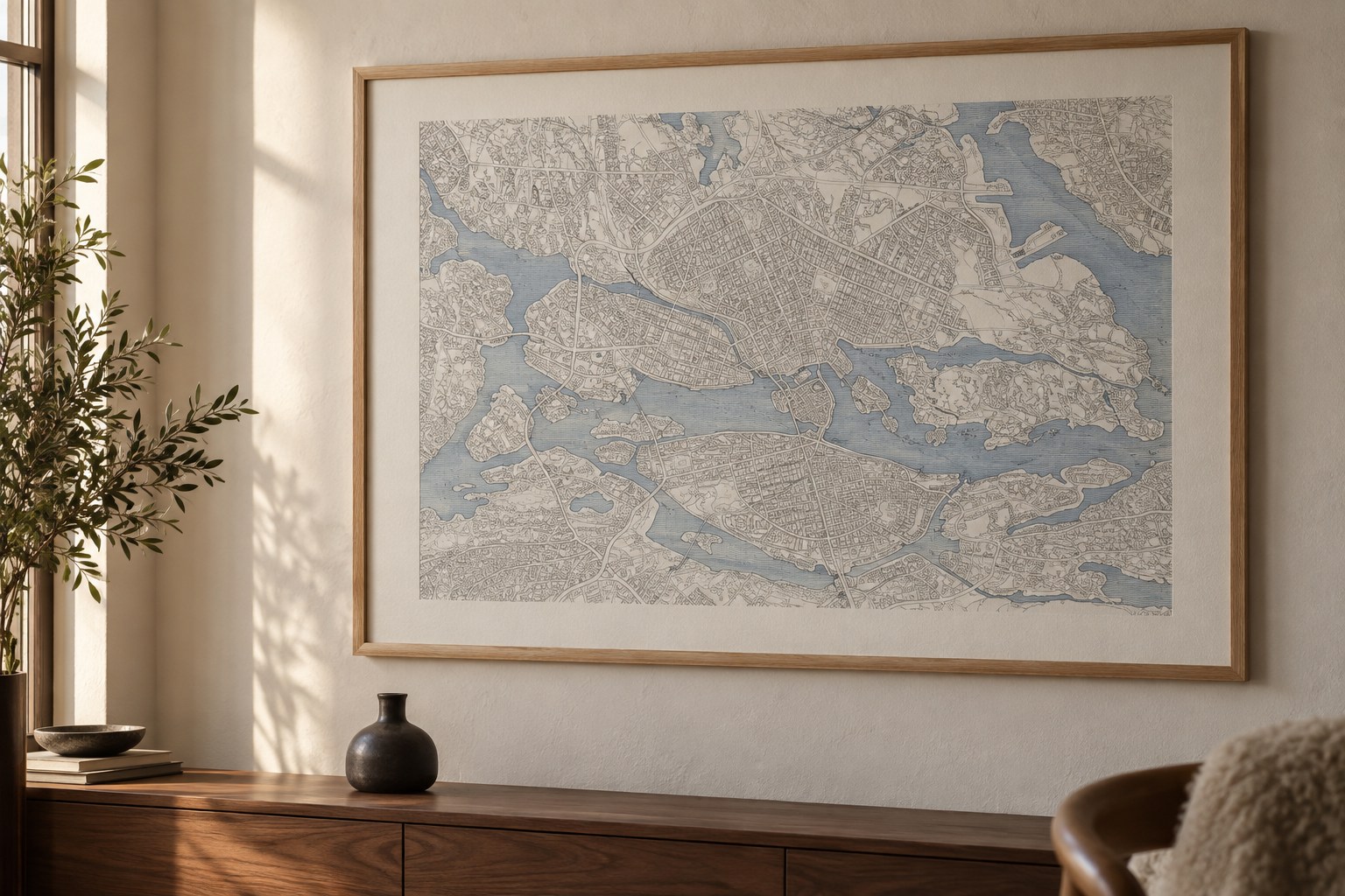 An oak-framed city map with fine ink streets and blue waterways on a sunlit wall