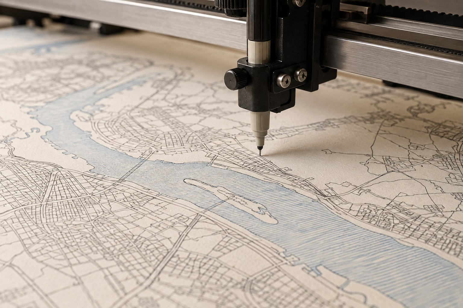 Close-up of a pen plotter drawing fine city streets in ink on textured paper